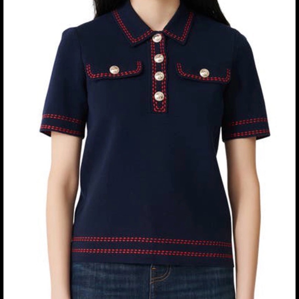 Maje Navy Short-Sleeve Polo Top with Red Stitching